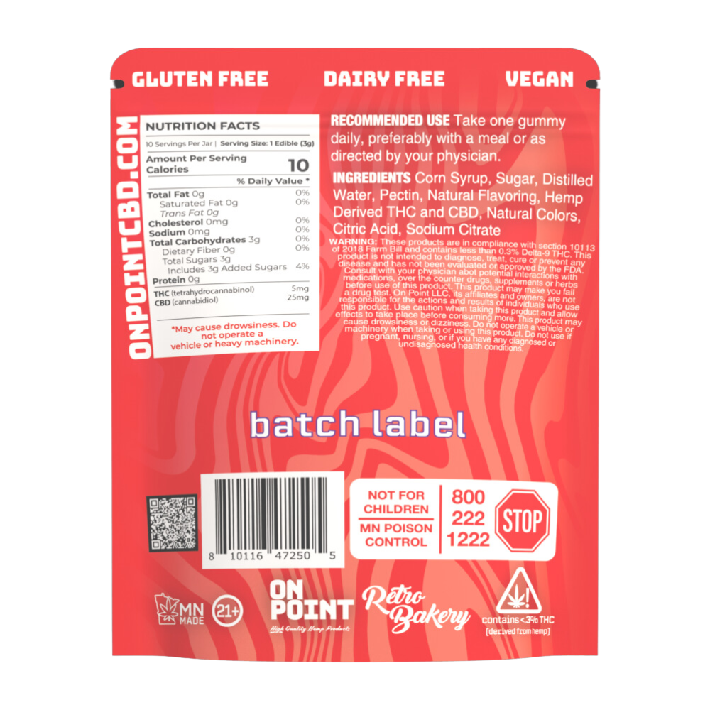 On Point hemp THC and CBD fruit punch vegan gummies 5mg THC 25mg CBD per serving in resealable red pouch