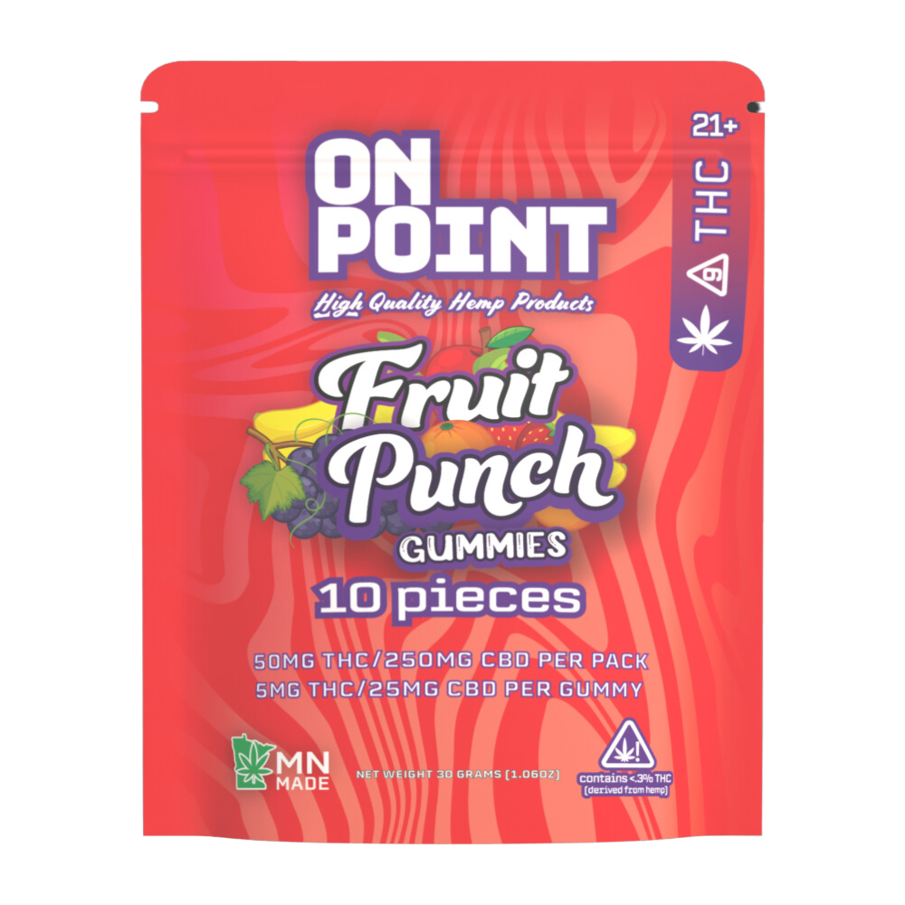 On Point Fruit Punch THC and CBD hemp gummies 10-piece pack 5mg THC 25mg CBD per gummy Minnesota-made resealable pouch
