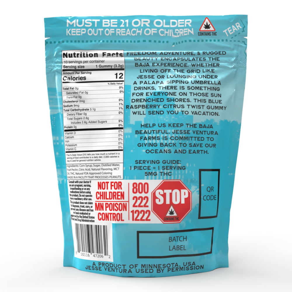 Jesse Ventura Farms Blue Raspberry Citrus Twist THC gummies 5mg per piece back panel showing nutrition facts in teal resea...
