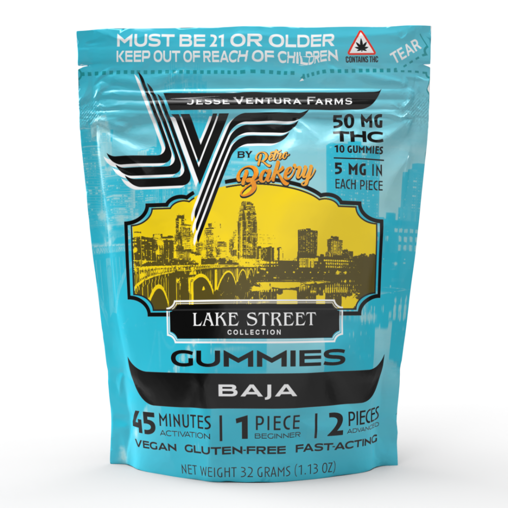 Jesse Ventura Farms x Retro Bakery Lake Street Collection Baja THC gummies 50mg in resealable teal pouch