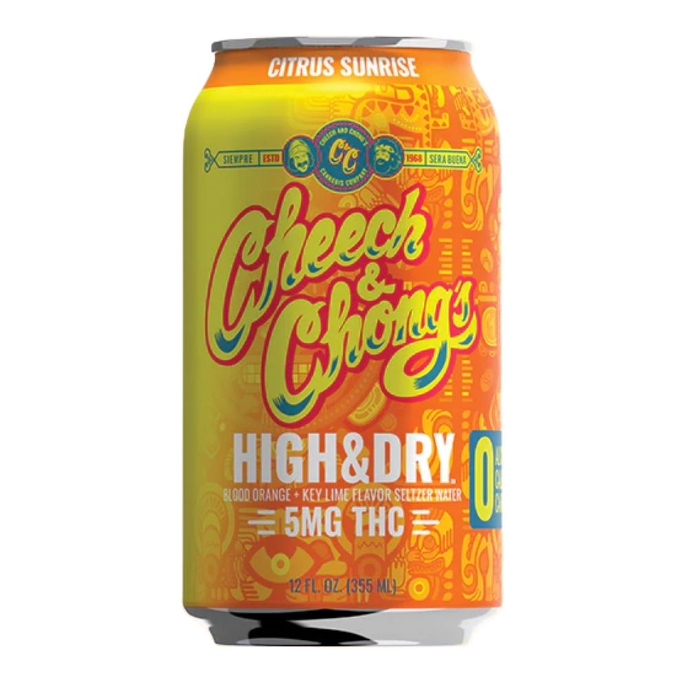 Cheech & Chong's High & Dry Citrus Sunrise 5mg THC seltzer water in a bold orange 12 fl oz can