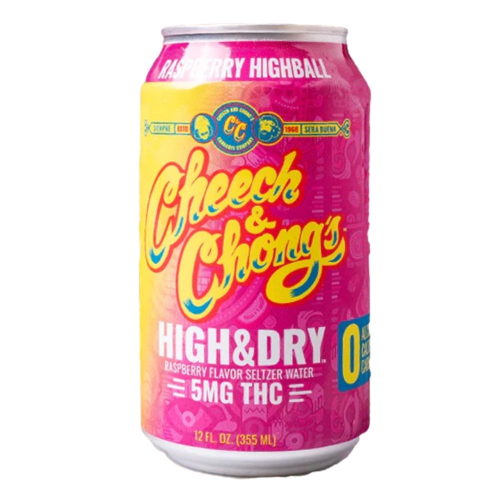 Cheech & Chong's High & Dry Raspberry Highball 5mg THC seltzer water in vibrant 12 fl oz can