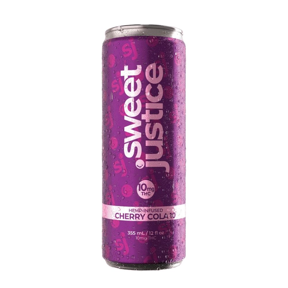 Sweet Justice Cherry Cola hemp-infused THC drink 10mg in a chilled 12 fl oz slim can