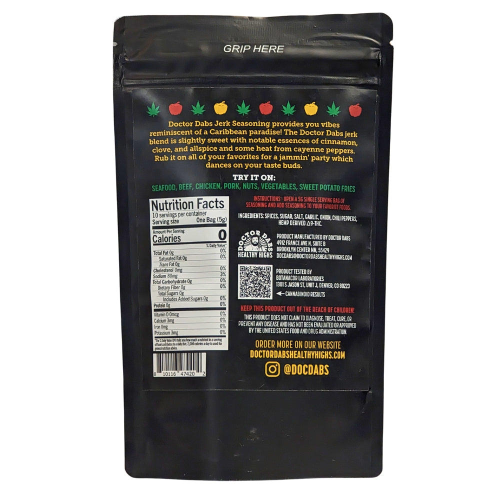 Doctor Dabs Jamaican Jerk Seasoning with Delta-9 THC hemp blend in resealable black pouch back label view