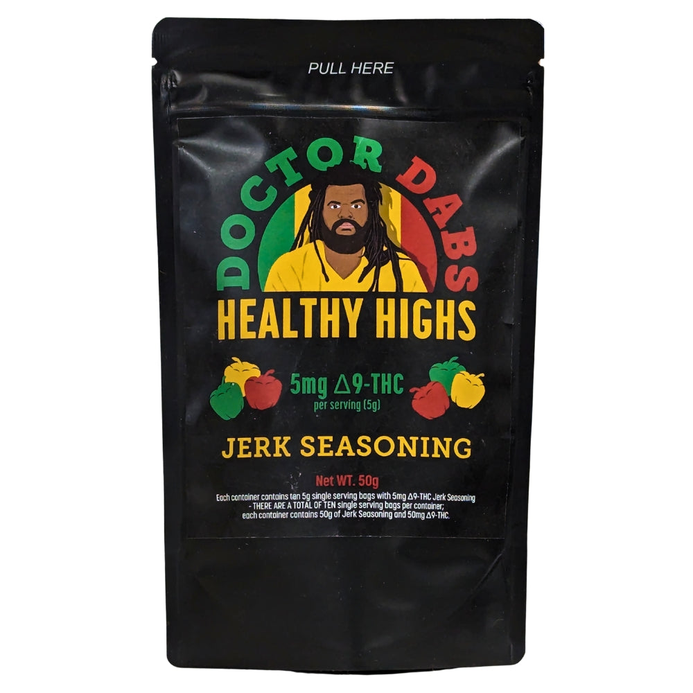 Doctor Dabs Healthy Highs Delta-9 THC Jerk Seasoning 5mg per serving 50g in resealable black pouch