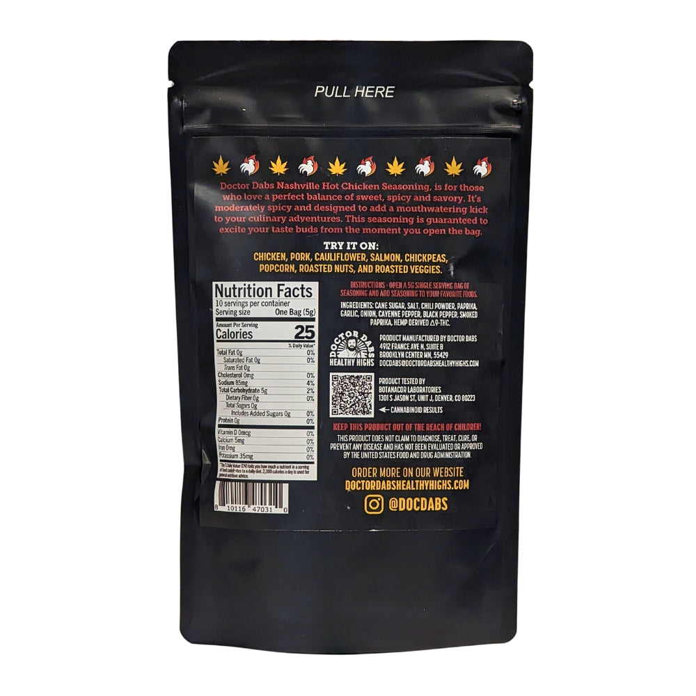 Doctor Dabs Nashville Hot Chicken Seasoning with hemp-derived THC spicy savory blend in black resealable pouch