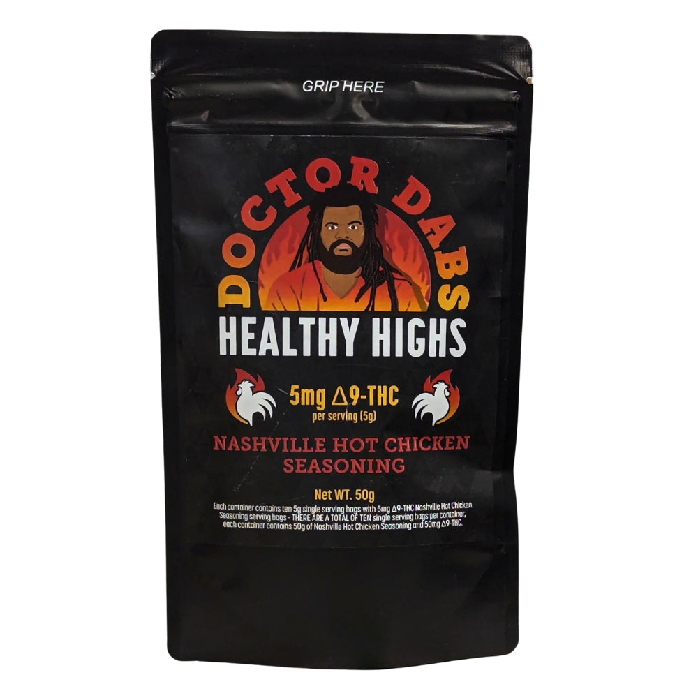 Doctor Dabs Healthy Highs Nashville Hot Chicken Seasoning 5mg Delta-9 THC per serving in resealable black pouch
