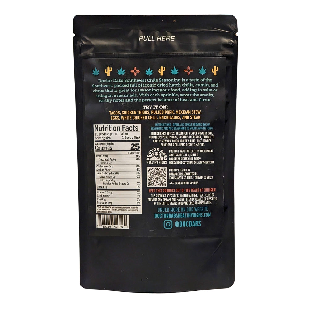 Doctor Dabs Southwest Chile Seasoning with hemp-derived Delta-9 THC in resealable black pouch