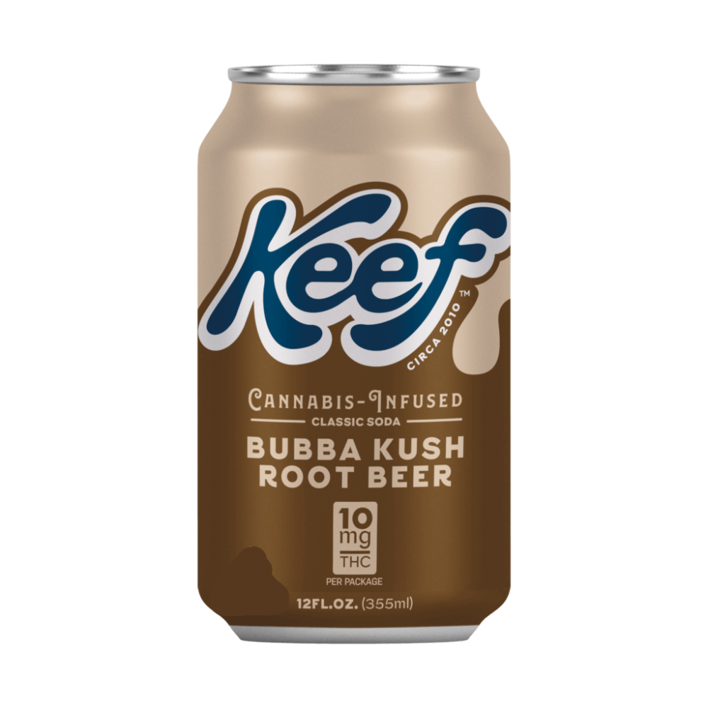 Keef Bubba Kush Root Beer 10mg THC cannabis-infused classic soda in a 12 fl oz can