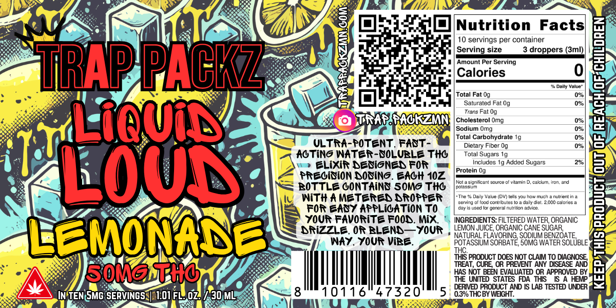 Trap Packz Liquid Loud Lemonade 50mg THC water-soluble elixir drink additive in 1oz bottle