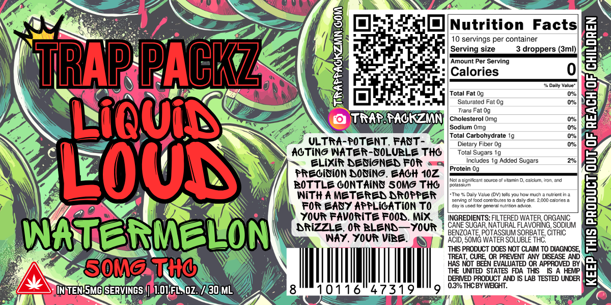 Trap Packz Liquid Loud Watermelon 50mg THC water-soluble elixir drink additive in 1oz bottle