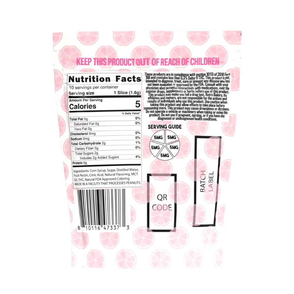 Retro Bakery Sour Pink Lemonade THC Wheel Gummies back label showing nutrition facts and serving guide