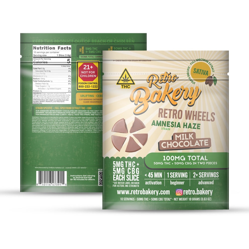 Retro Bakery Amnesia Haze Milk Chocolate Wheels, 50mg THC + 50mg CBG, front and back of the package