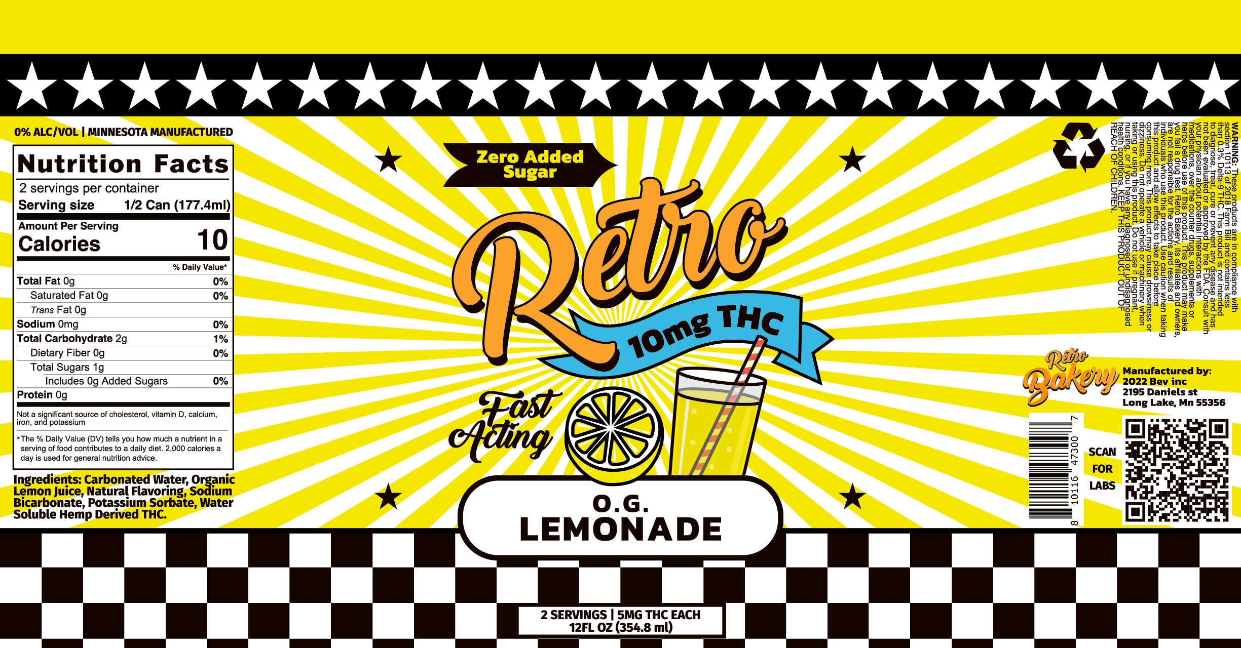 Retro Bakery OG Lemonade 10mg THC fast-acting hemp seltzer zero sugar Minnesota-made 12fl oz can