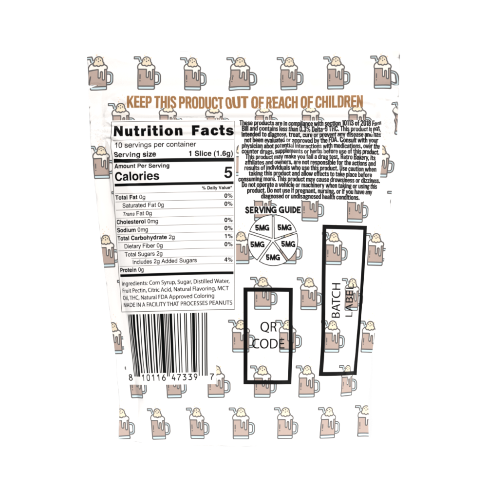 Retro Bakery Root Beer Float Wheel THC gummies back label with nutrition facts and 5mg serving guide