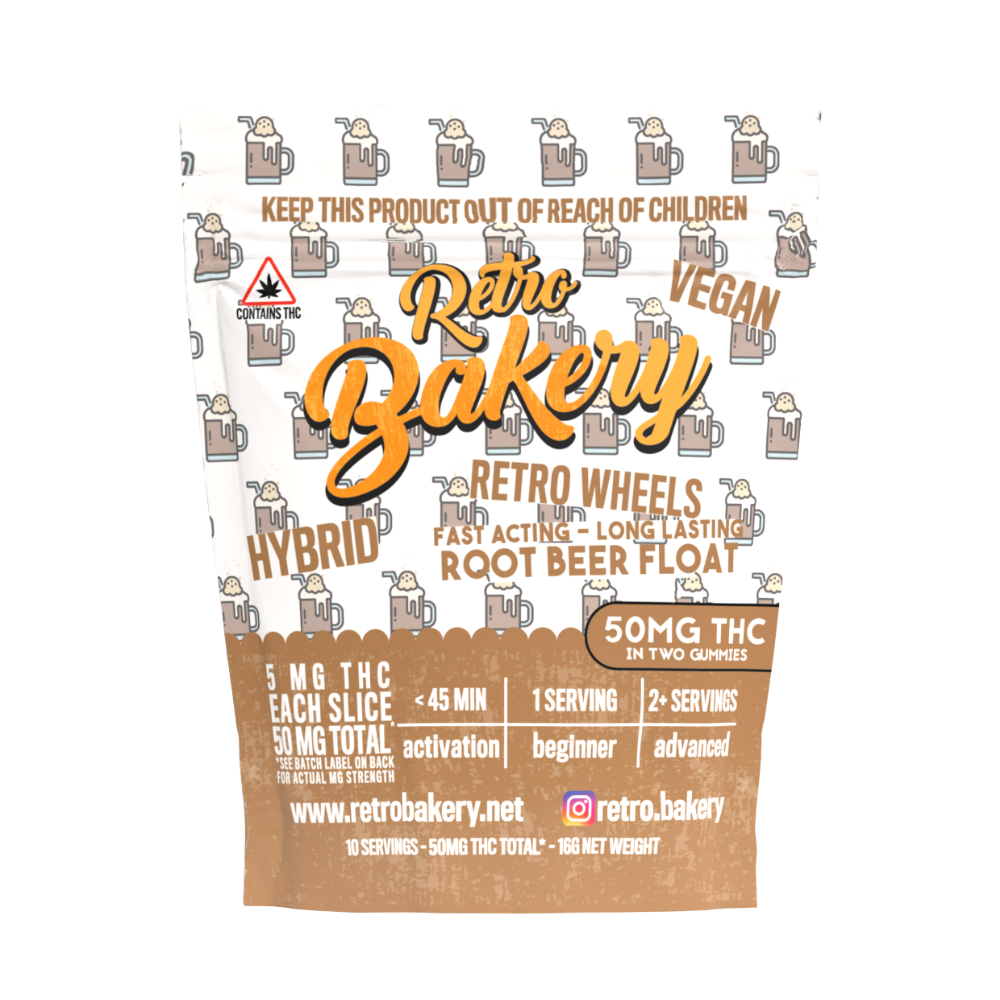Retro Bakery Root Beer Float THC gummies 50mg hybrid Retro Wheels vegan fast-acting edibles in resealable bag
