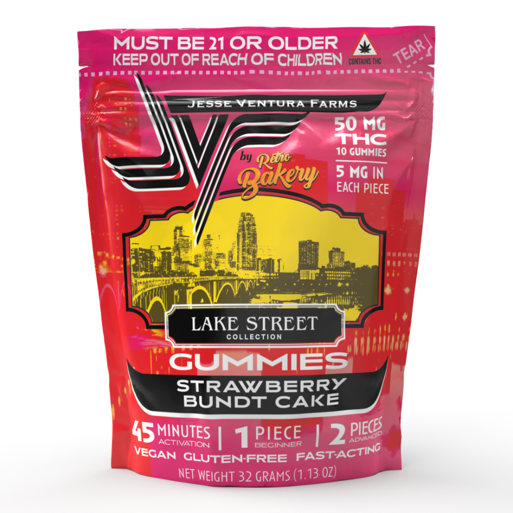 Jesse Ventura Farms Strawberry Bundt Cake THC gummies 50mg by Retro Bakery Lake Street Collection in resealable red pouch