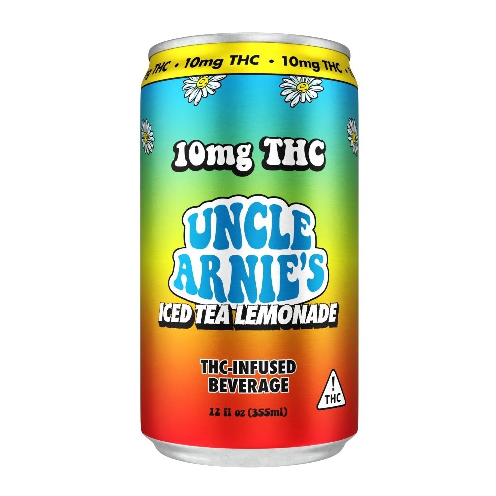 Uncle Arnie's 10mg THC Iced Tea Lemonade infused beverage in rainbow-colored 12oz can