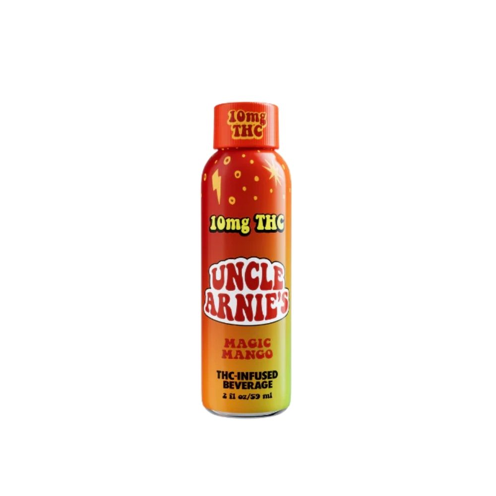 Uncle Arnie's Magic Mango 10mg THC-infused beverage shot 2 fl oz in vibrant red and orange bottle
