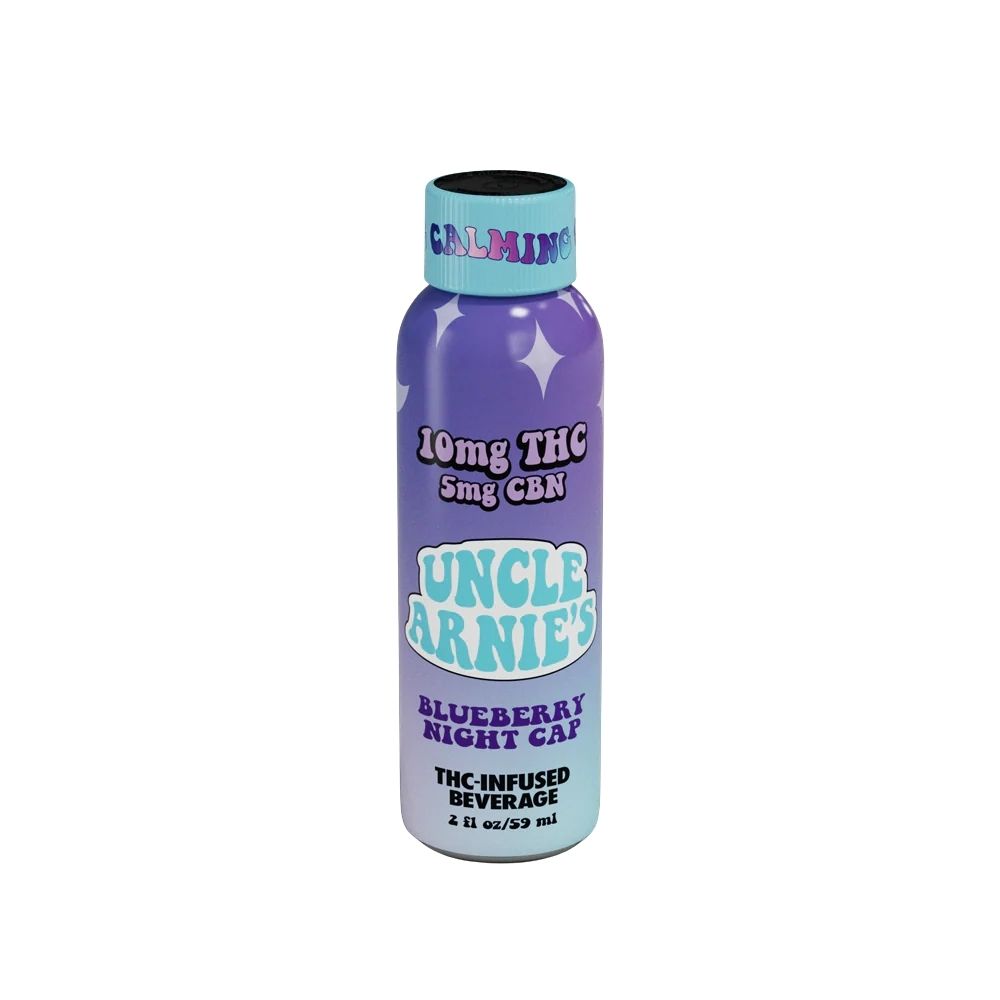 Uncle Arnie's Blueberry Night Cap 10mg THC 5mg CBN calming hemp shot in a 2oz purple gradient bottle