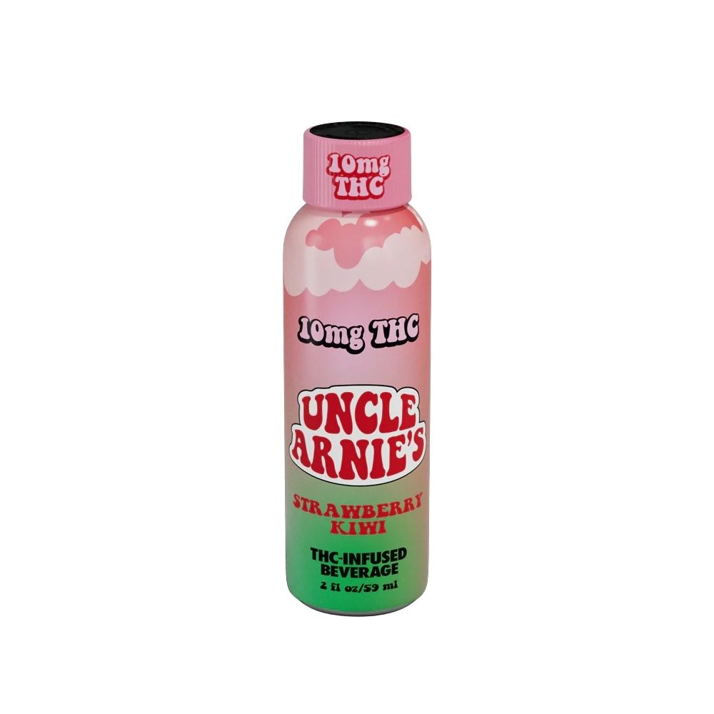 Uncle Arnie's Strawberry Kiwi 10mg THC-infused beverage shot 2oz in pink and green gradient bottle