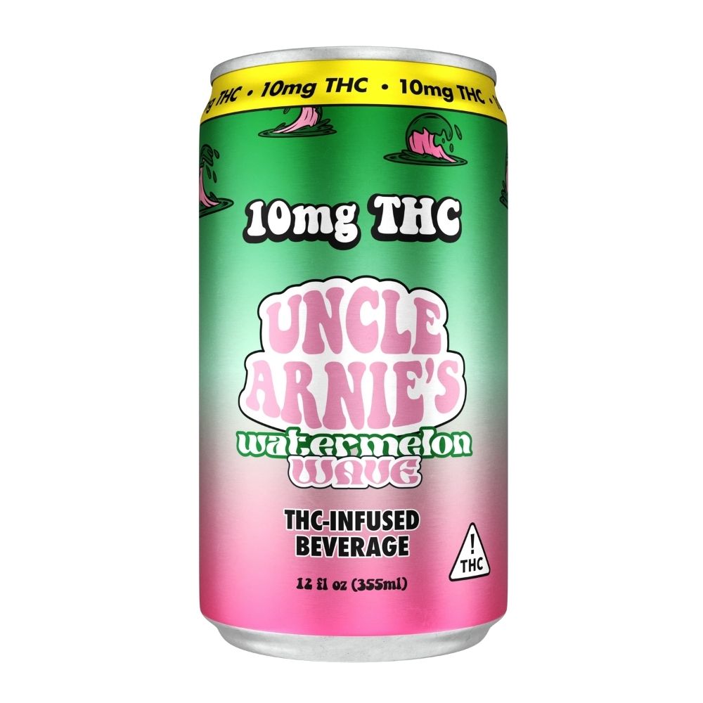 Uncle Arnie's Watermelon Wave 10mg THC-infused beverage in a vibrant green and pink 12oz can