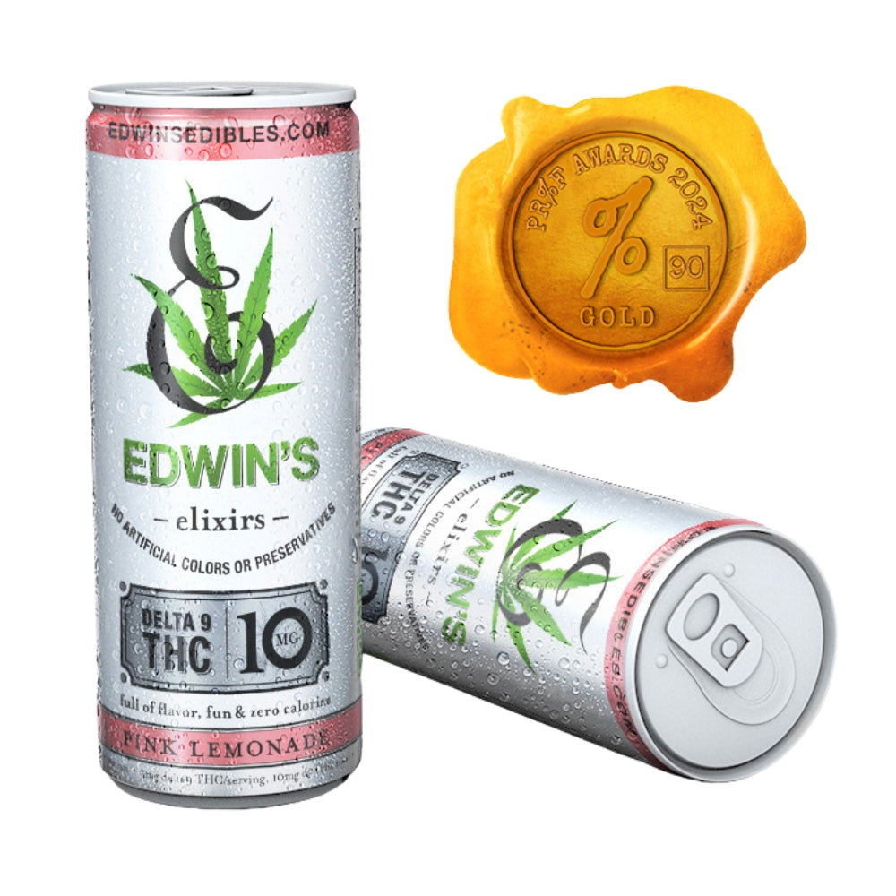 Edwin's Elixirs Pink Lemonade Delta 9 THC drink 10mg zero-calorie hemp-infused can — PR&F Awards 2024 Gold winner