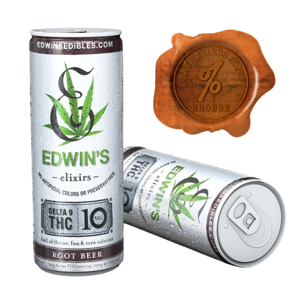 Edwin's Elixirs Delta 9 THC Root Beer soda 10mg zero-calorie hemp drink in slim silver can