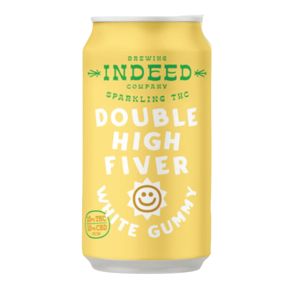 Indeed Brewing Double High Fiver White Gummy sparkling THC and CBD seltzer 10mg THC 10mg CBD in yellow can