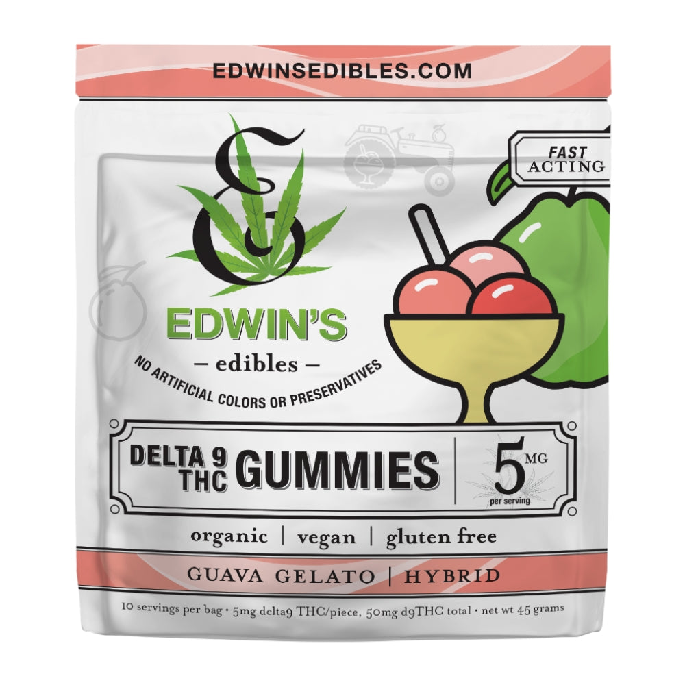 Edwin's Edibles Delta 9 THC Guava Gelato hybrid gummies 5mg per serving organic vegan gluten-free in resealable bag