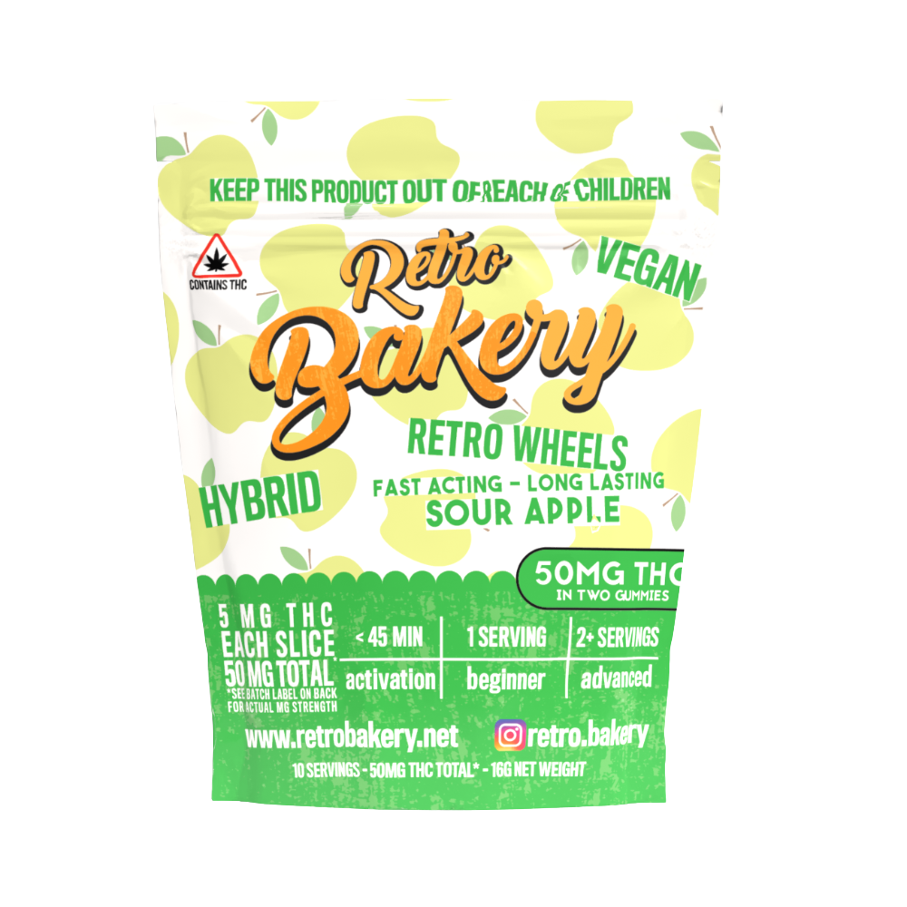 Retro Bakery Sour Apple THC Retro Wheels vegan hybrid gummies 50mg in resealable pouch