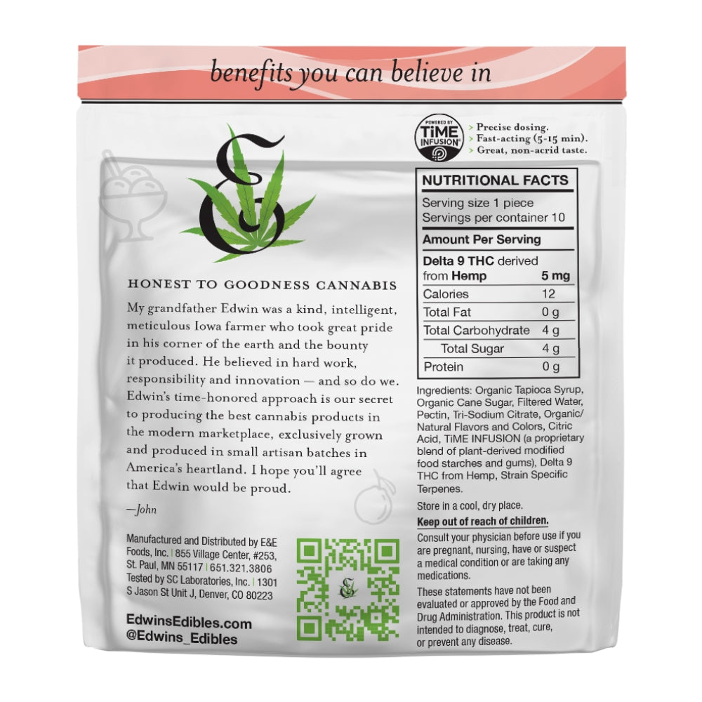 Edwin's Edibles Guava Gelato vegan Delta 9 THC hemp gummies 5mg per piece back of resealable bag with nutrition facts