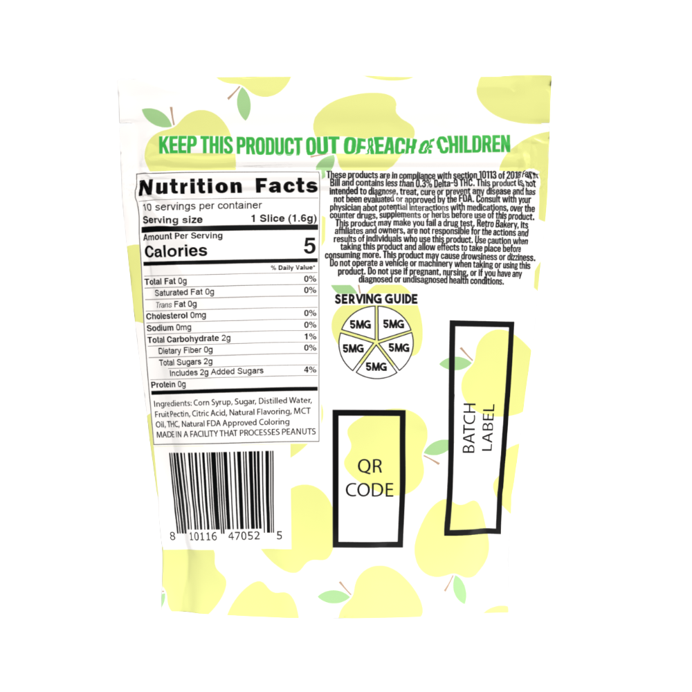 Retro Bakery Sour Apple Vegan THC Wheel Gummies back panel showing nutrition facts and 5mg serving guide
