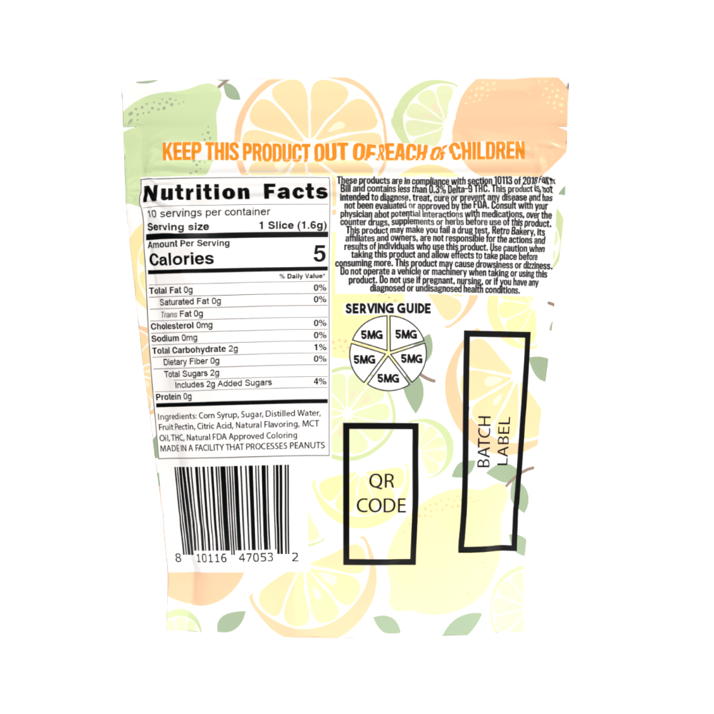 Retro Bakery Citrus Punch Vegan THC Wheel Gummies back panel showing nutrition facts and 5mg serving guide