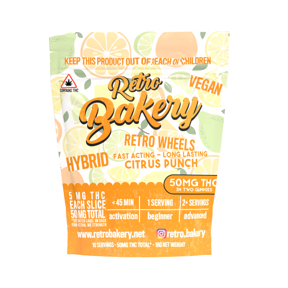 Retro Bakery Citrus Punch Vegan THC Wheel Gummies 50mg hybrid blend in citrus-printed resealable pouch