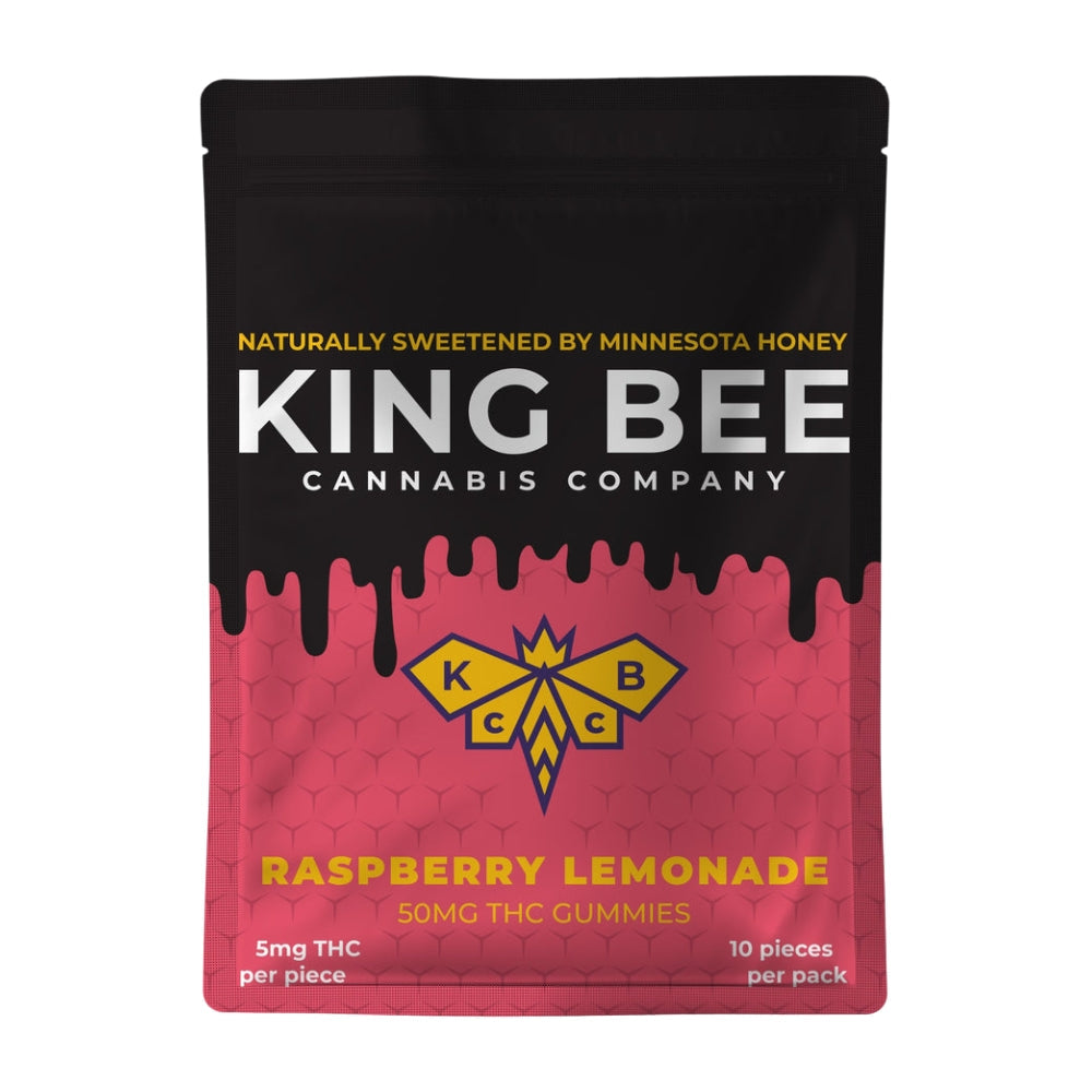 King Bee Cannabis Company Raspberry Lemonade THC gummies 50mg 10-piece resealable pouch sweetened with Minnesota honey