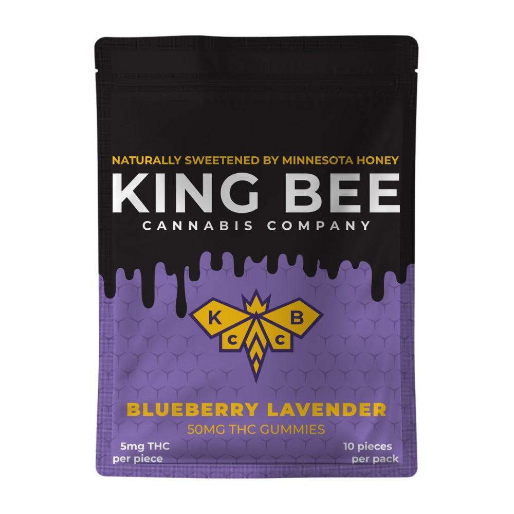 King Bee Cannabis Company Blueberry Lavender THC gummies 50mg — 10-piece resealable pouch sweetened with Minnesota honey