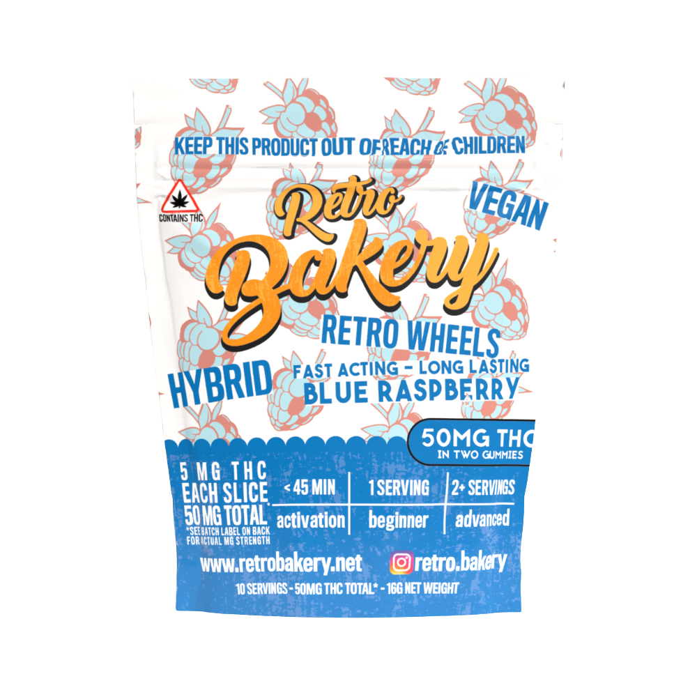 Retro Bakery Blue Raspberry Vegan Retro Wheels hybrid THC gummies 50mg total in resealable bag