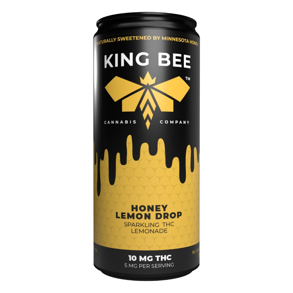 King Bee Cannabis Company Honey Lemon Drop 10mg THC sparkling lemonade seltzer in black and gold can
