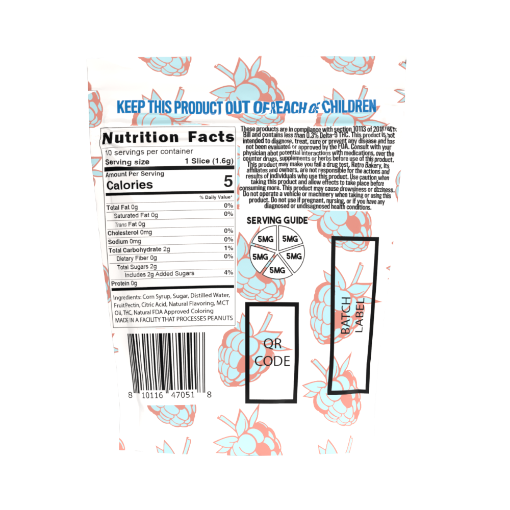 Retro Bakery Blue Raspberry Vegan THC Wheel Gummies back label showing nutrition facts and 5mg serving guide