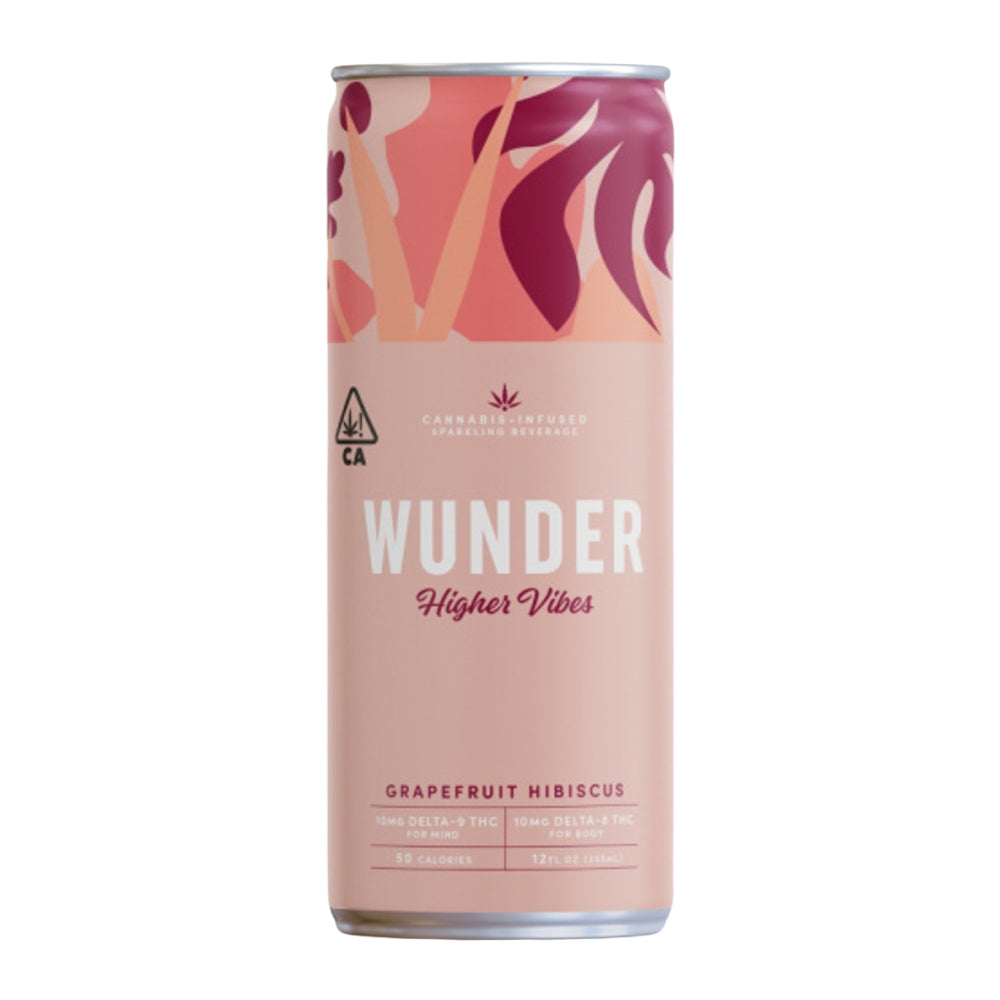 Wunder Higher Vibes Grapefruit Hibiscus THC seltzer 10mg Delta-9 cannabis-infused sparkling beverage in slim 12oz can