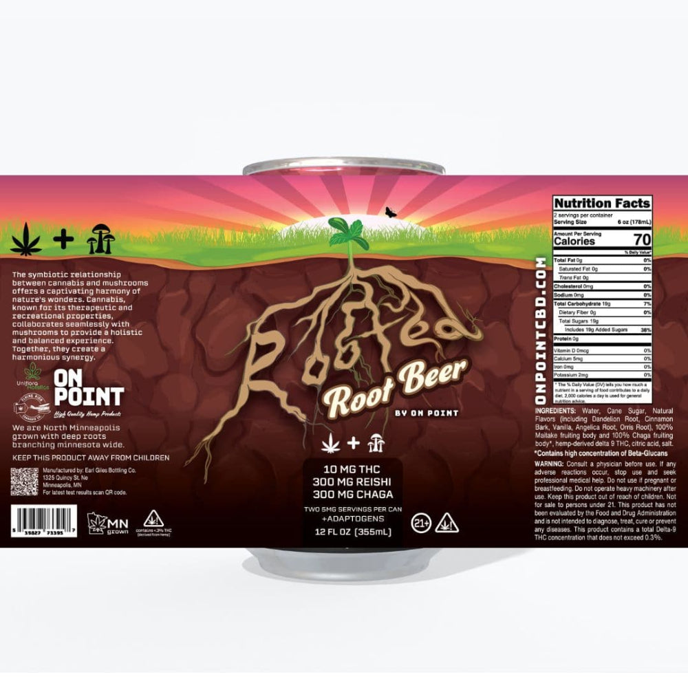 On Point Rooted Root Beer 10mg THC hemp soda with 300mg Reishi and Chaga mushroom adaptogens 12 fl oz can