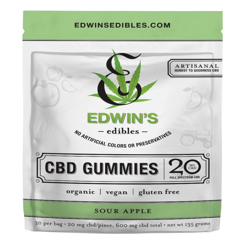Edwin's Edibles artisan full spectrum CBD gummies 20mg sour apple flavor organic vegan gluten-free 30-count resealable bag