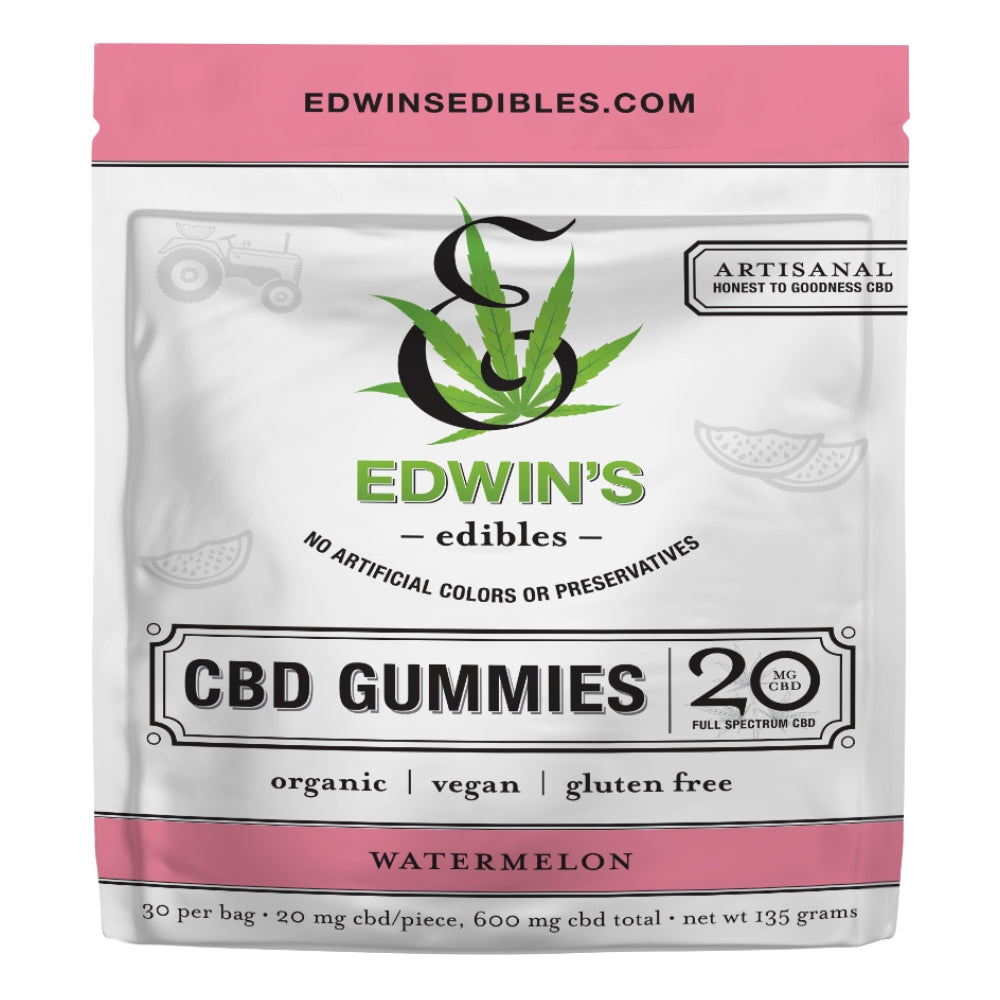 Edwin's Edibles artisan full spectrum CBD gummies 20mg watermelon flavor organic vegan gluten-free 30-count resealable bag