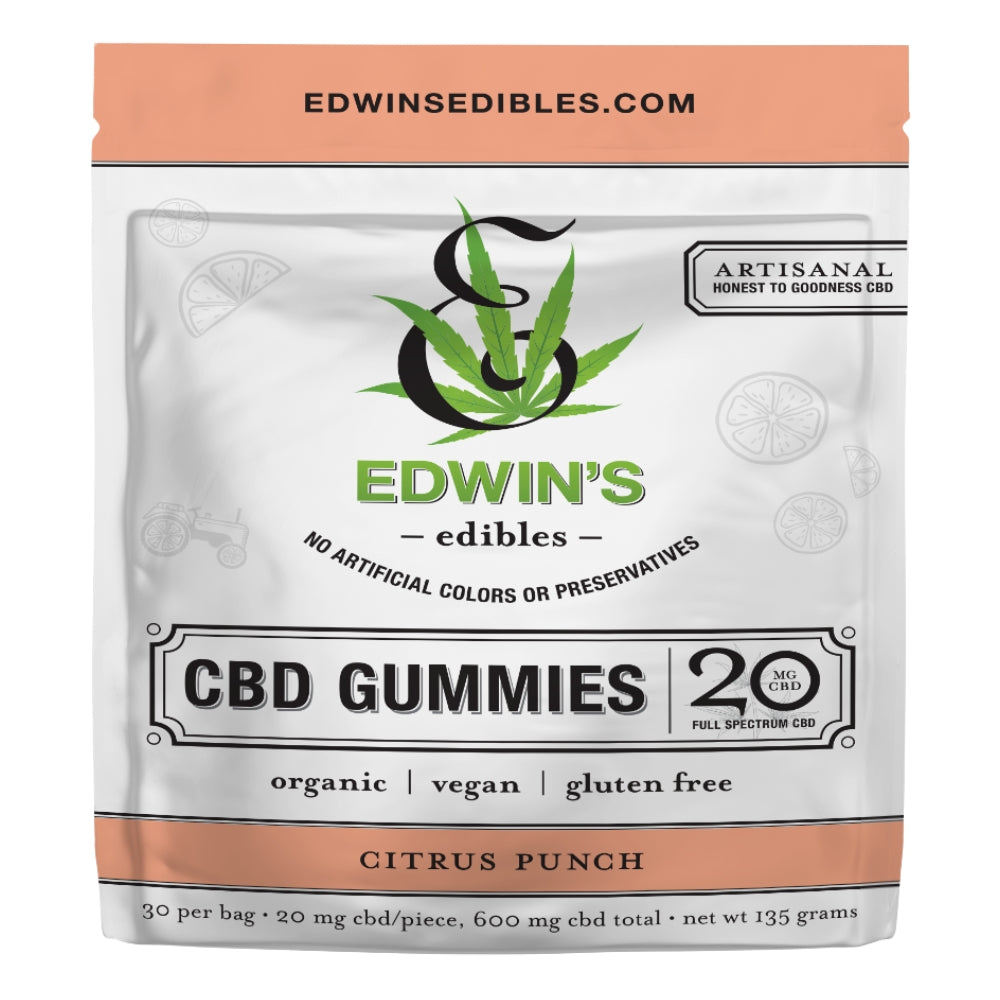 Edwin's Edibles artisan full spectrum CBD gummies 20mg Citrus Punch flavor organic vegan gluten-free 30-count resealable bag