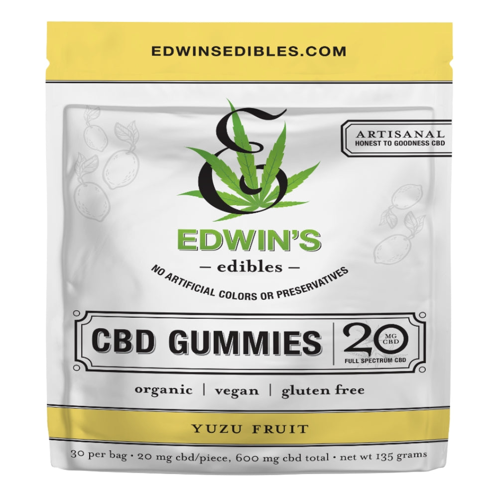 Edwin's Edibles artisan full spectrum CBD gummies 20mg yuzu fruit flavor organic vegan gluten-free 30-count resealable bag
