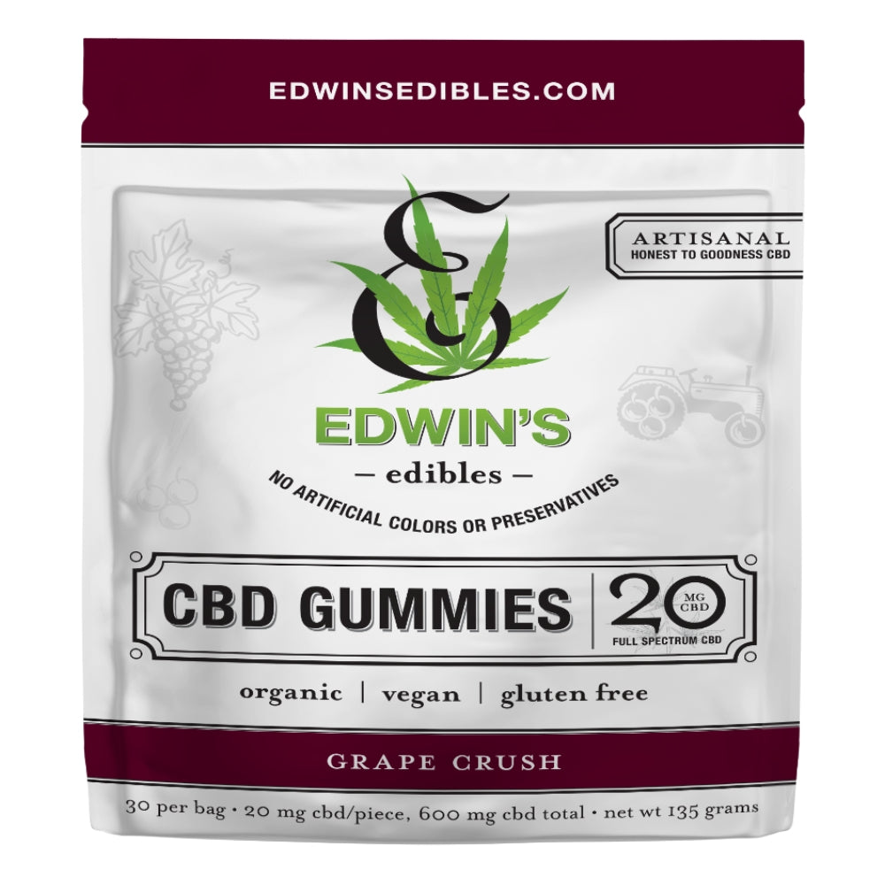 Edwin's Edibles artisan full spectrum CBD gummies 20mg Grape Crush flavor organic vegan gluten-free 30-count resealable bag