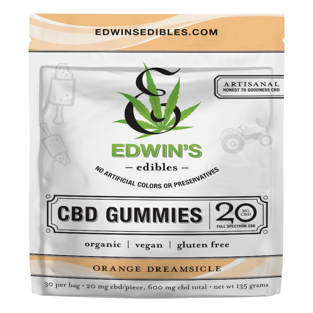 Edwin's Edibles Orange Dreamsicle full spectrum CBD gummies 20mg organic vegan gluten-free 30-count resealable bag