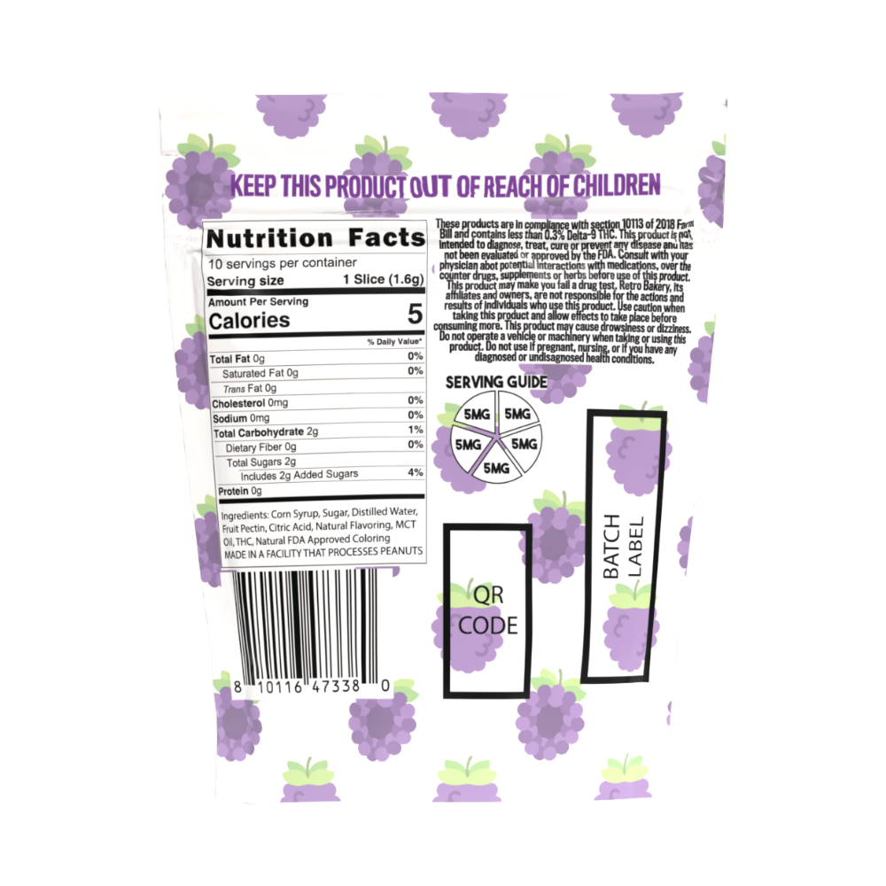 Retro Bakery Very Berry Grape THC Wheel Gummies back panel showing nutrition facts and serving guide
