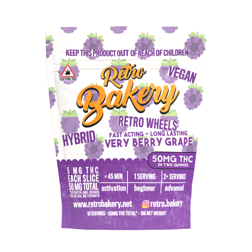 Retro Bakery Very Berry Grape Retro Wheels vegan hybrid THC gummies 50mg in resealable purple pouch